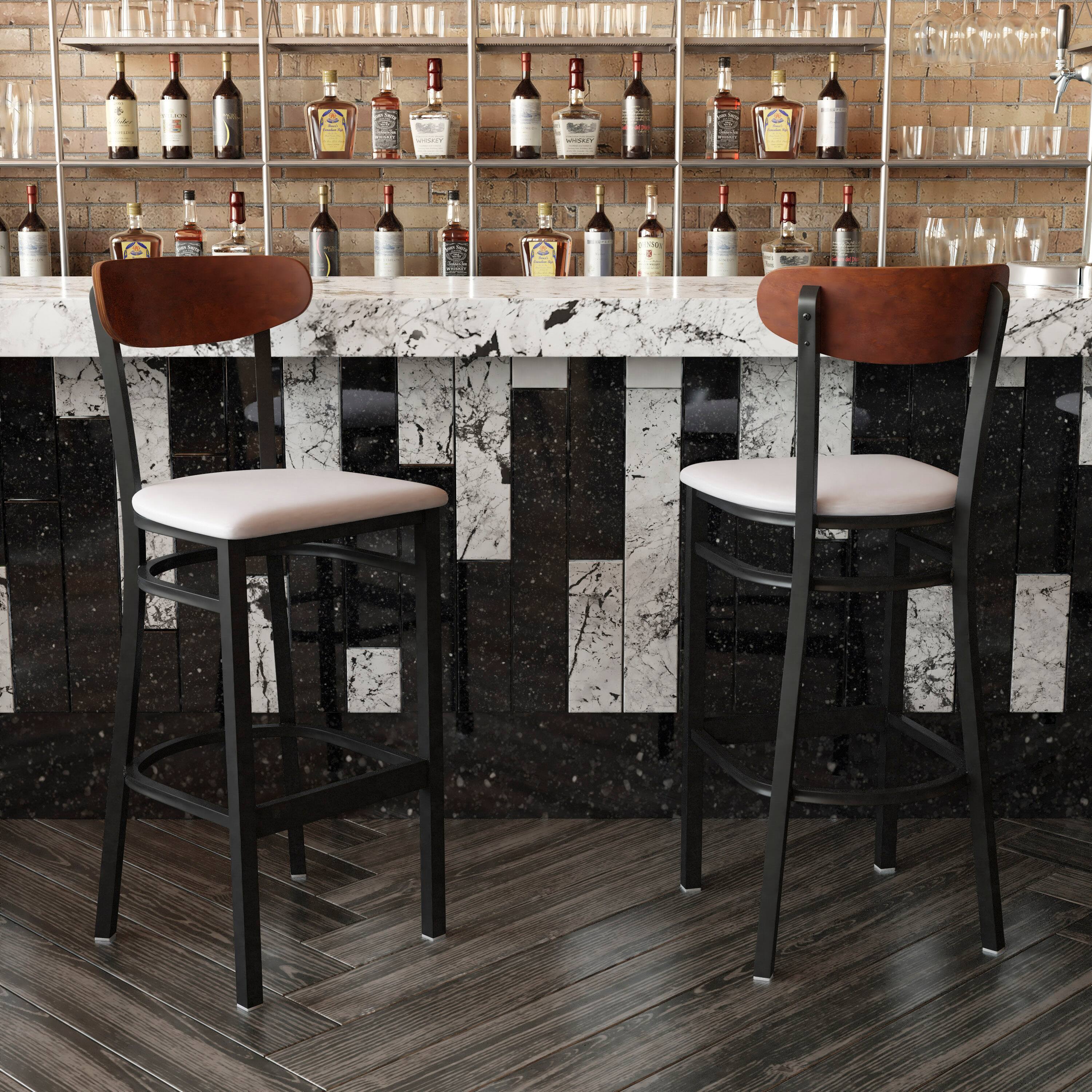 Alt View 1. Flash Furniture - Wright Commercial Barstool with 500 LB. Capacity Black Steel Frame, Walnut Finish Wooden Boomerang Back, and Gray Vinyl - Gray.