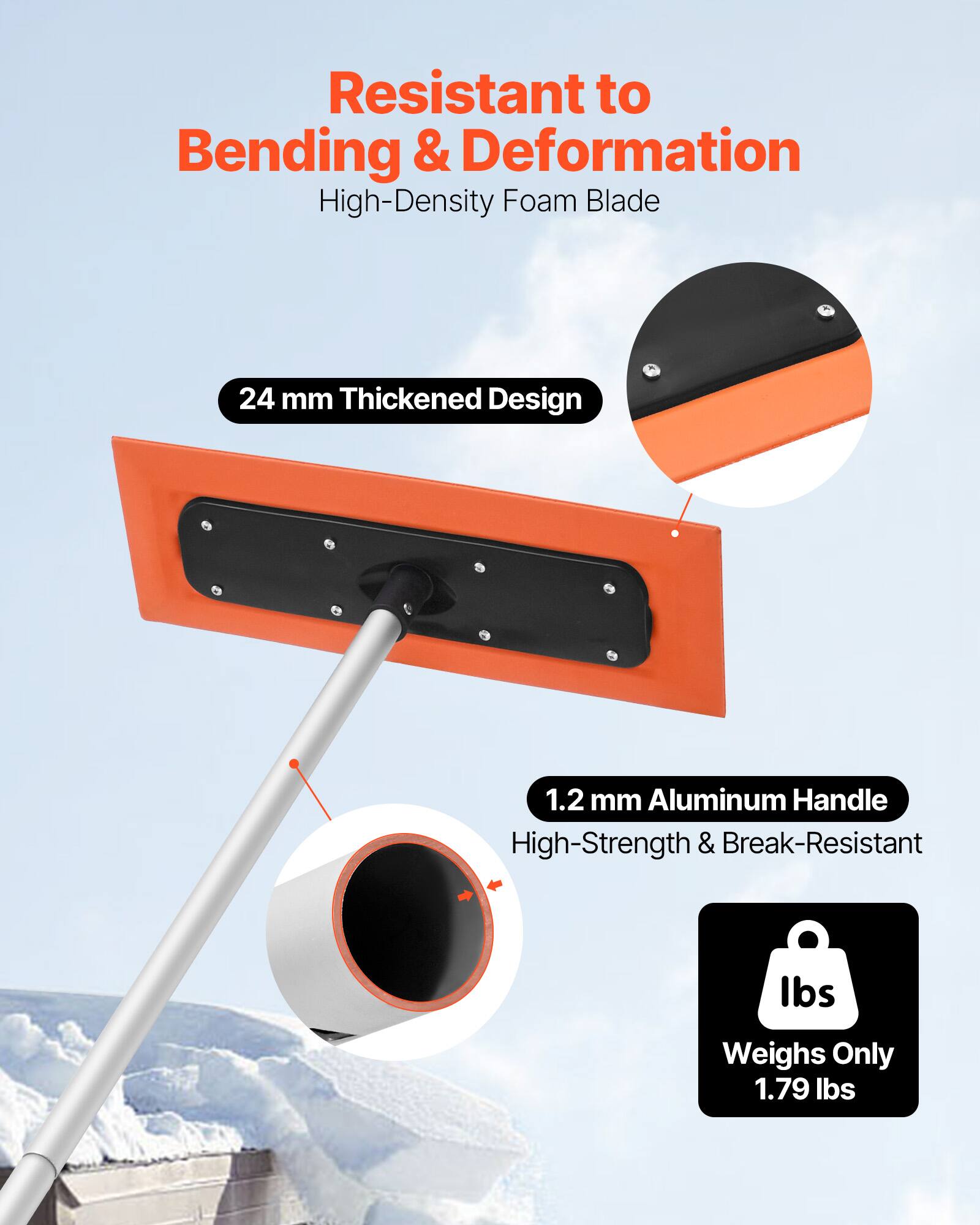 Resistant to Bending & Deformation  
High-Density Foam Blade  

24 mm Thickened Design  

1.2 mm Aluminum Handle  
High-Strength & Break-Resistant  

Weighs Only 1.79 lbs