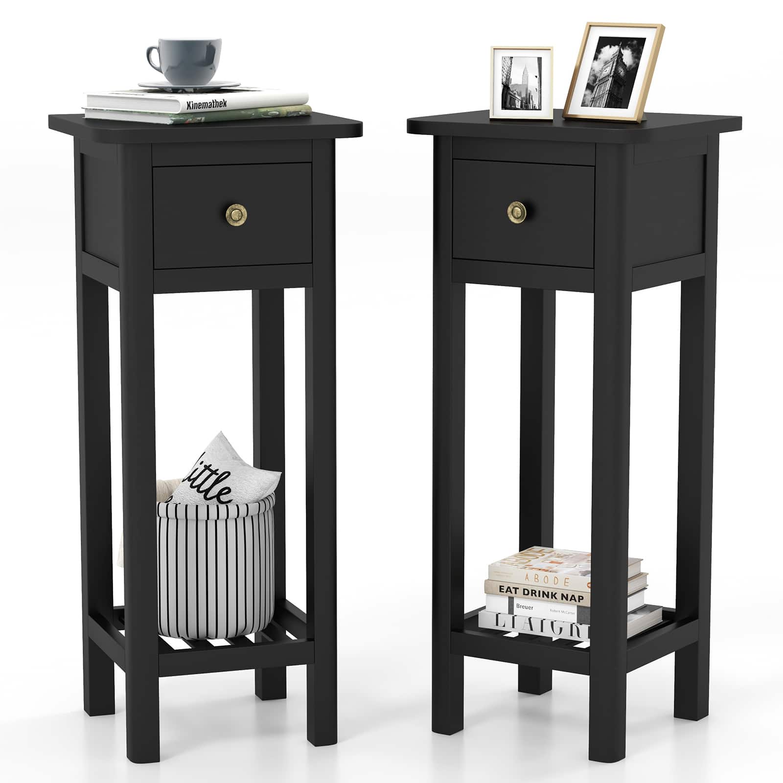 Costway - 2PCS Solid Wood Side Table Telephone Table with Drawer & Open Shelf for Living Room - Black