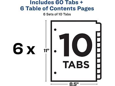 Includes 60 Tabs + 6 Table of Contents Pages  
6 Sets of 10 Tabs  
6 x 10 Tabs  
11" x 8.5"