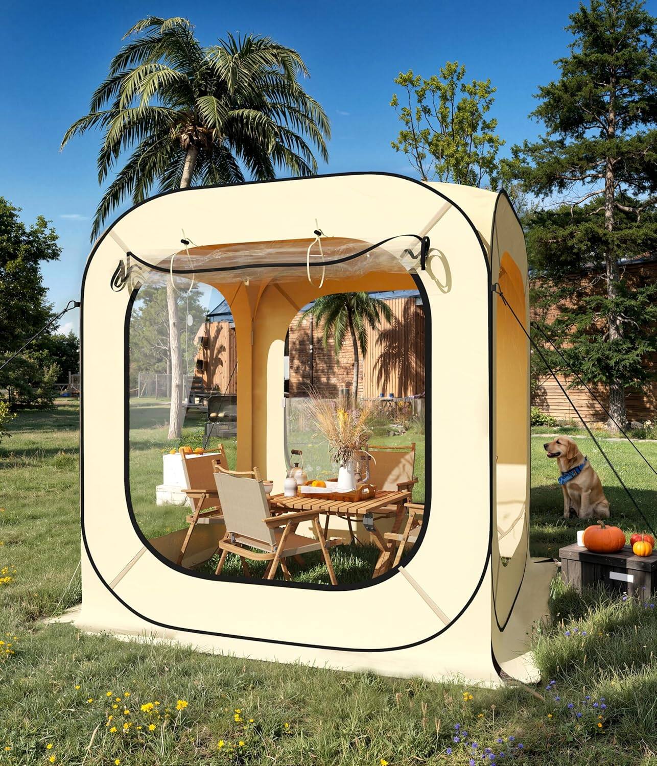 Front. Homhougo - 6x6 Ft Outdoor All Weather Pop Up Tent, 2-3 Person Instant Tent Shelter, Rainproof Camping Sun Shelter Coldproof - Beige.