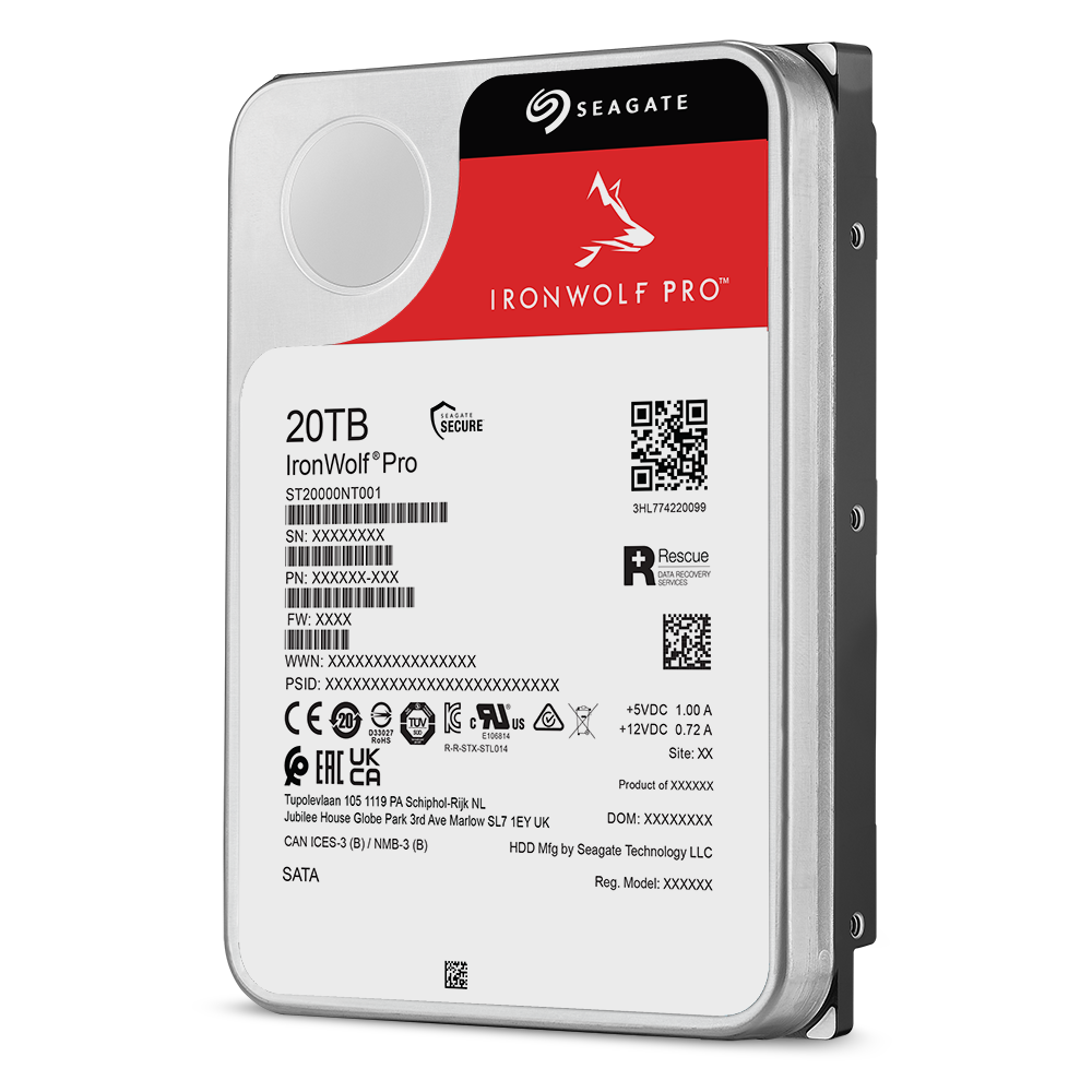 SEAGATE IRONWOLF PRO 20TB SECURE IronWolf Pro ST20000NT001 3HL774220099 SN: XXXXXXXX PN: XXXXXX-XXX + Rescue DATA RECOVERY SEAGATE 5VDC 1.00 A 12VDC 0.72 A 202007 E106AT4 RS RR-STK-STL014 UK Site: XX EAC CA Product of XXXXXX Tupolevlaan 105 1119 PA Schiphol-Rijk NL Jubilee House Globe Park 3rd Ave Marlow SL7 1EY UK DOM: XXXXXXXX CAN ICES-3 (B) NMB-3 (B) HDD Mg by Seagate Technology LLC SATA Reg. Model: XXXXXX