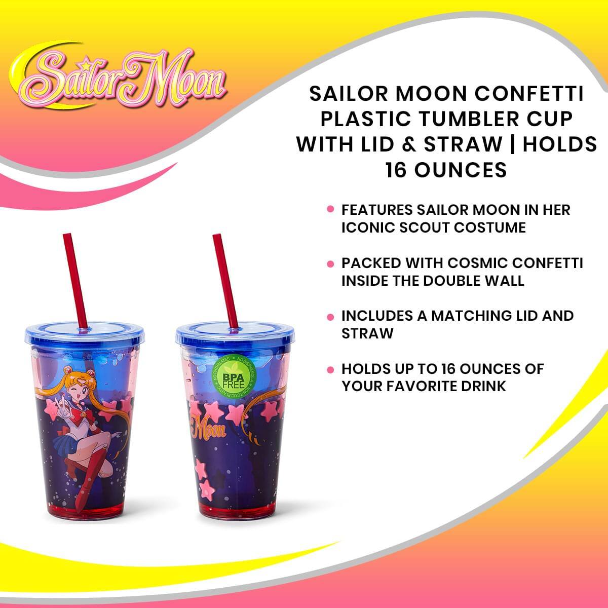 Sailor Moon Confetti Plastic Tumbler Cup with Lid & Straw | Holds 16 Ounces

- Features Sailor Moon in her iconic scout costume
- Packed with cosmic confetti inside the double wall
- Includes a matching lid and straw
- Holds up to 16 ounces of your favorite drink