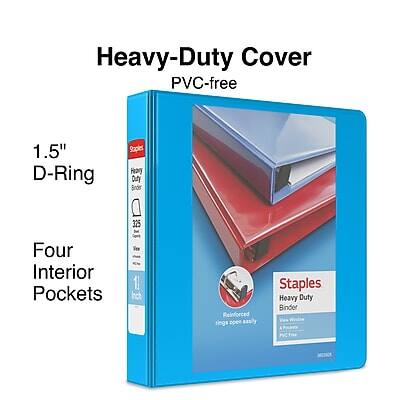 Heavy-Duty Cover  
PVC-free  

1.5" D-Ring  

Four Interior Pockets  

Staples  
Heavy Duty Binder  

325 Ser  
1 Inch Reinforced Rings  

Staples  
Heavy Duty Binder  
Heavy-Duty Cover  
PVC-free  
1.5" D-Ring  
Four Interior Pockets  
325 Ser  
1 Inch Reinforced Rings