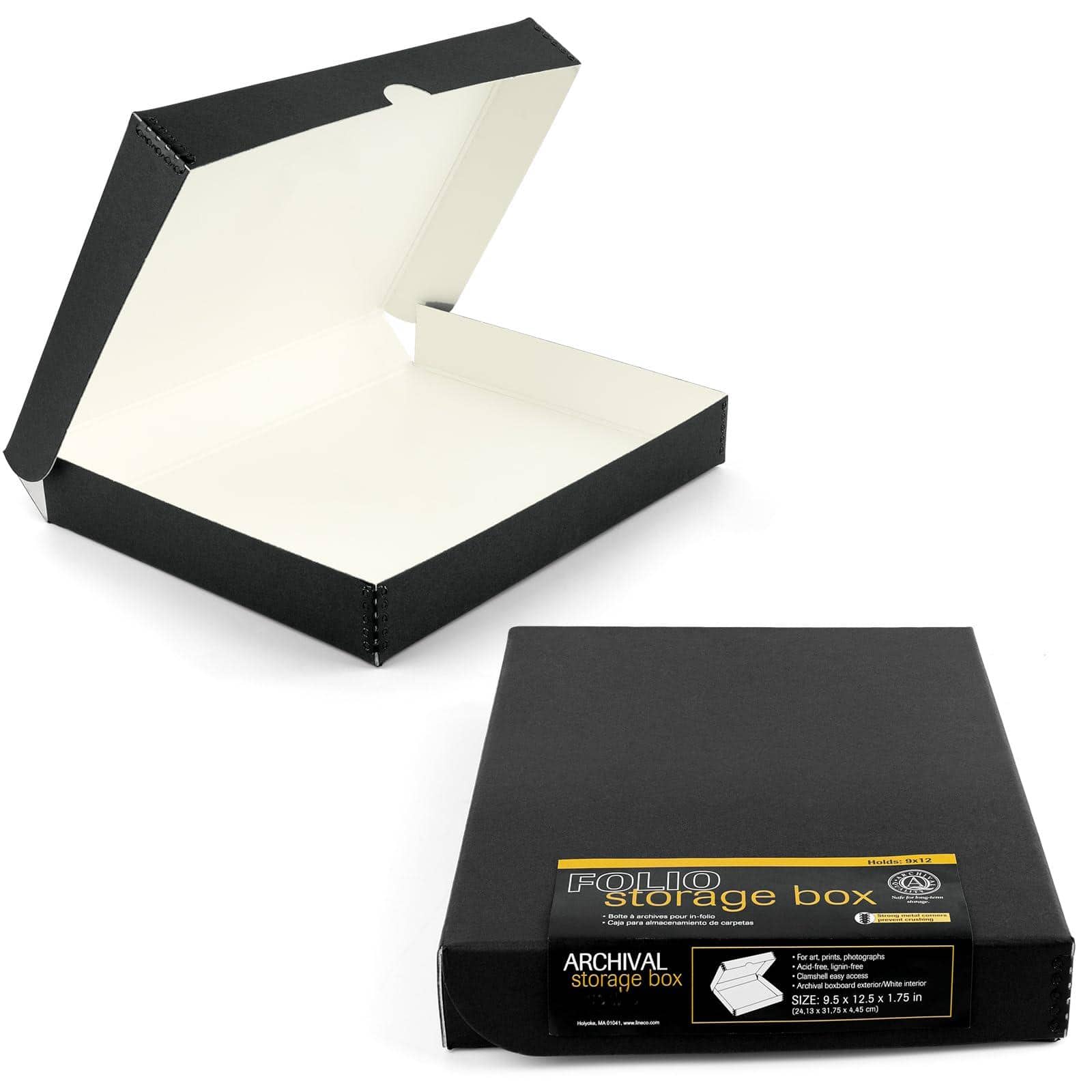 HM 1810 - Lineco 9x12 Clamshell Archival Folio Storage Box Acid Free Edge Preserves Photos Longevity - Black 9x12x1.75 (Pack of 2)