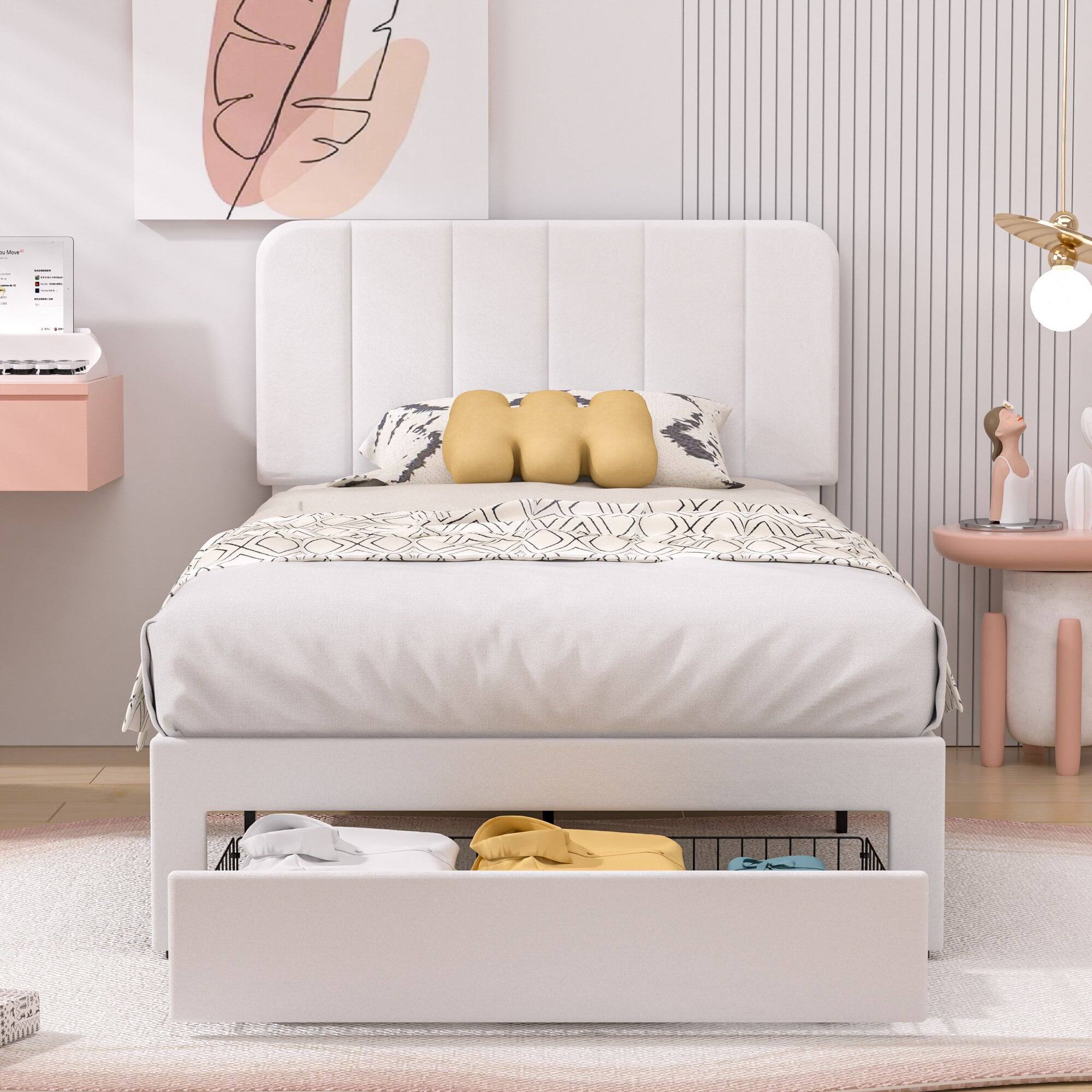 Alt View 1. Vecelo - Twin Size Storage Bed Frame with Drawers - Velvet Upholstered, Adjustable Headboard, 800lb Capacity, Noise Free - White.