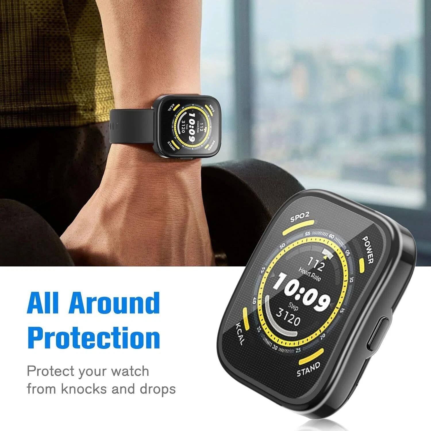 All Around Protection  
Protect your watch from knocks and drops  

10:09  
3120  
KCAL  
STAND  
POWER  
SPO2 55  
112  
Heart Rate  
10:09  
3 Step  
3120  
KCAL  
STAND  
POWER