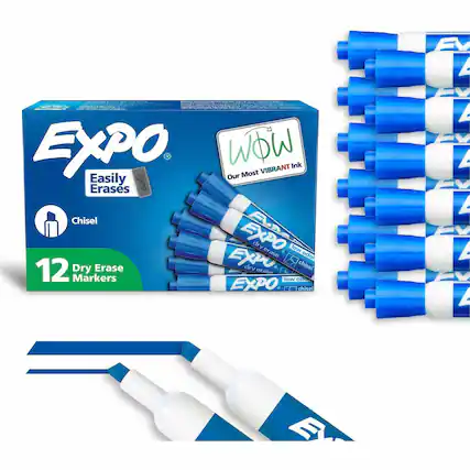 Expo - Easily Erases
Chisel
12 Dry Erase Markers
Our Most Vibrant Ink
Dry Erase Low Odor
Chisel
