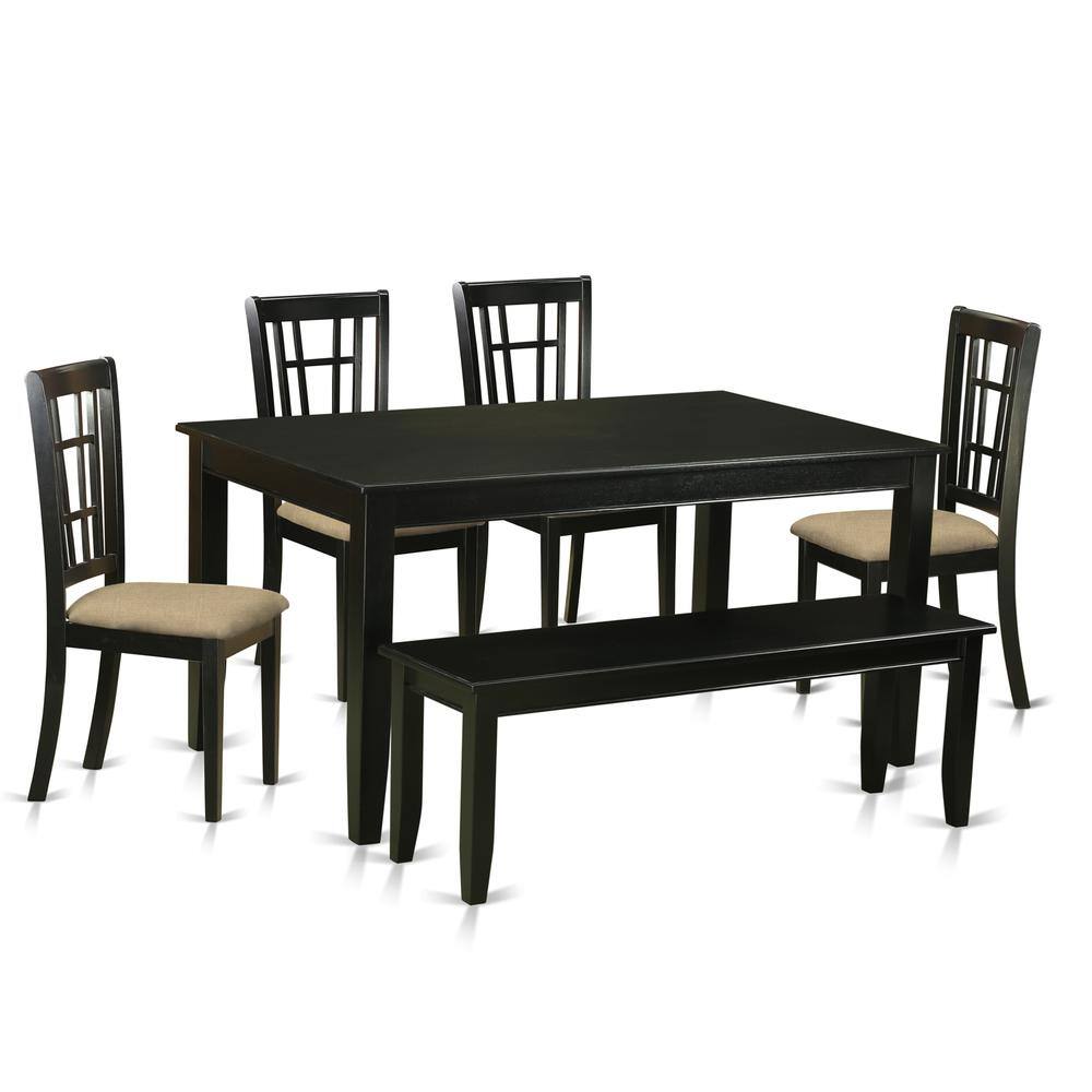 Left. East West Furniture - DUNI6-BLK-C 6 PC Kitchen nook Dining set - Kitchen Table and 4 Dining Chairs with Bench - Black.