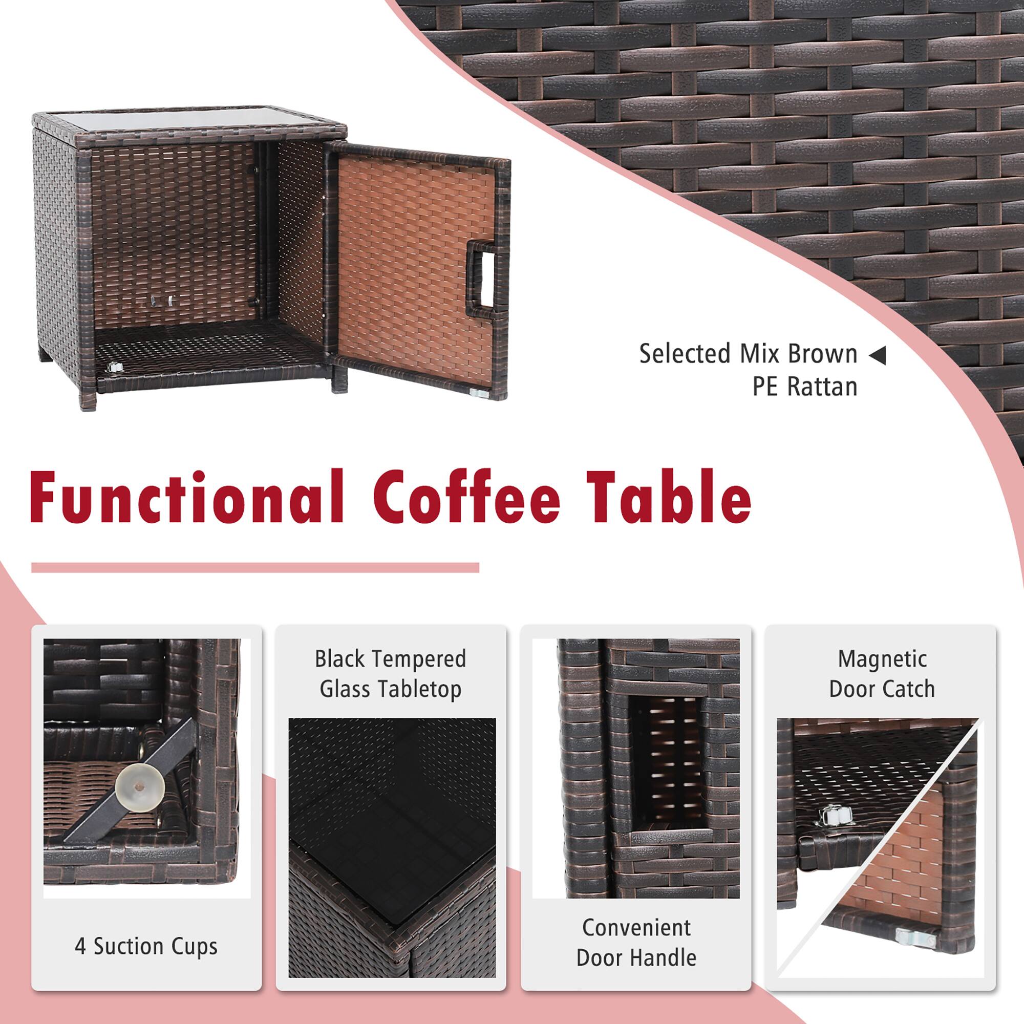 Selected Mix Brown PE Rattan

Functional Coffee Table

- Black Tempered Glass Tabletop
- 4 Suction Cups
- Convenient Door Handle
- Magnetic Door Catch