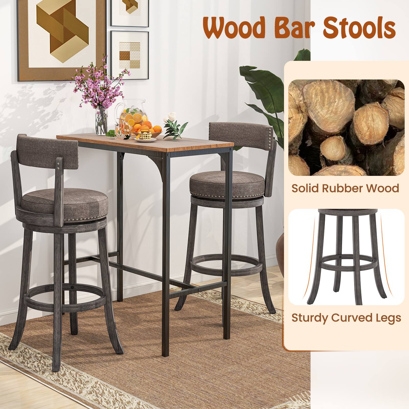 Wood Bar Stools

- Solid Rubber Wood
- Sturdy Curved Legs