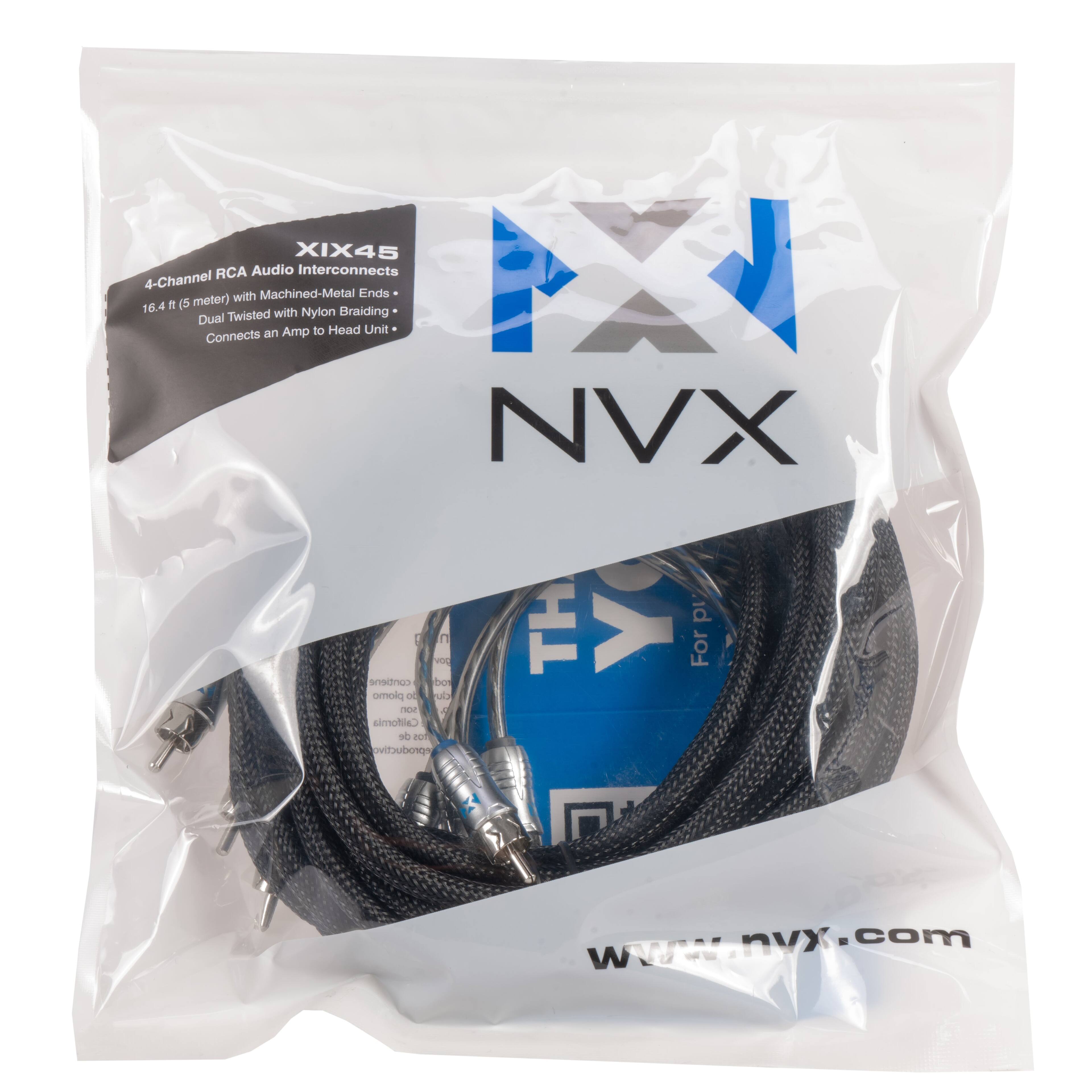 XIX45 RCA Audio Interconnects  
4-Channel  
16.4 ft (5 meter)  
Dual Twisted with Machined-Metal Ends  
Connects an Amp to Head Unit  
Nylon Braiding  
www.nvx.com  

NVX  
For professional use only