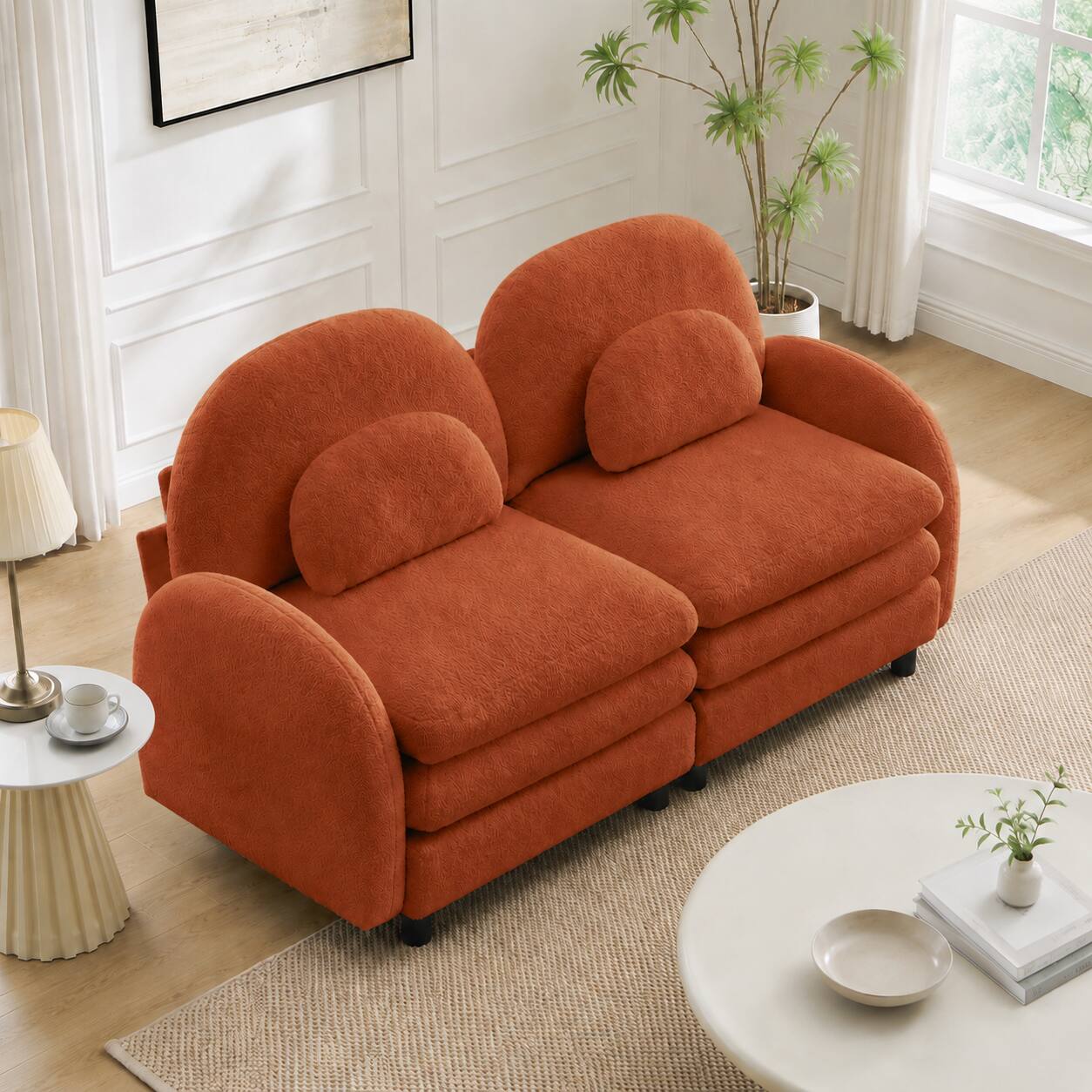 Left. Anysun - Teddy Fabric Cloud-Like Loveseat Sofa: Curved Back, Armrest, Lumbar Pillows, Modular 2-Seater, Double-Layer Cushion - Orange.