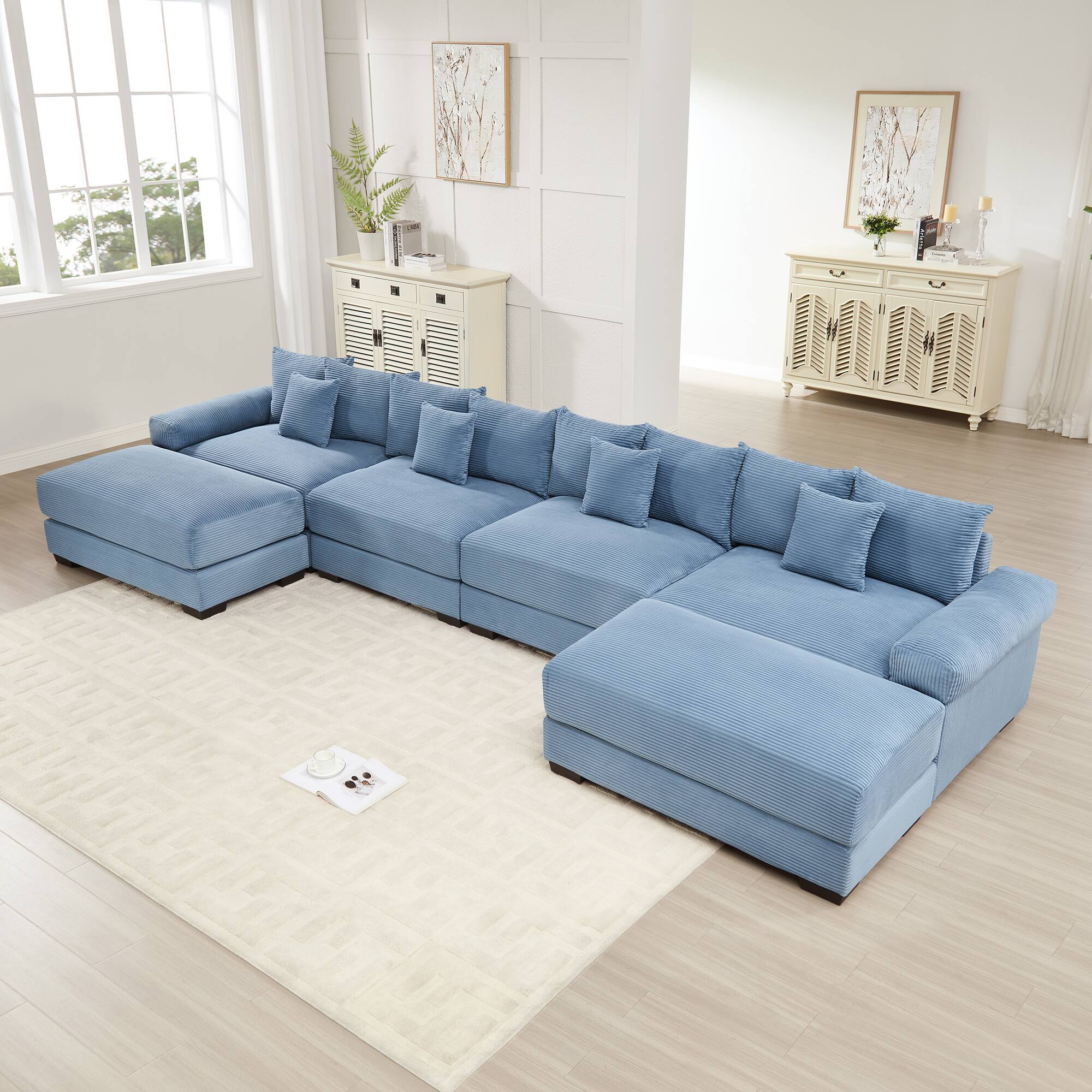 Front. LOVMOR - Corduroy Modular Sectional Couch Deep Seat Storage Ottoman Compressed Pack For Living Room Study Den Soft Home - Blue.