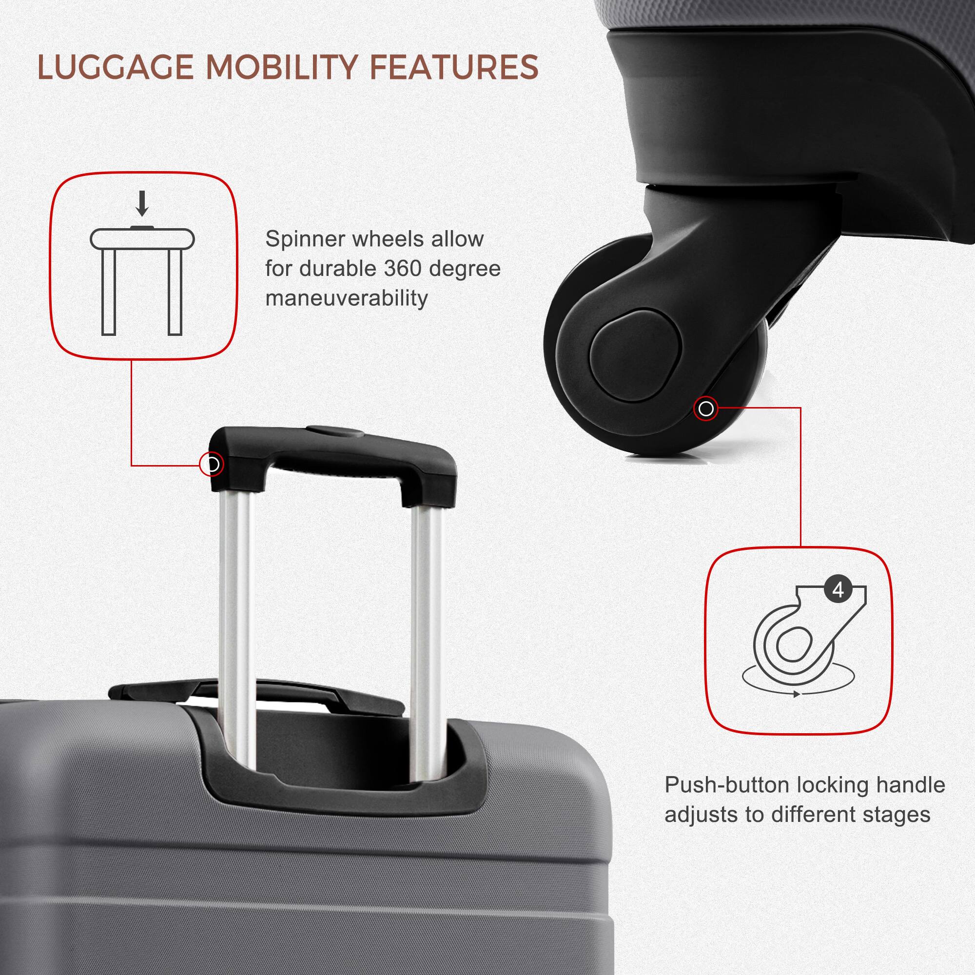 LUGGAGE MOBILITY FEATURES

Spinner wheels allow for durable 360 degree maneuverability

Push-button locking handle adjusts to different stages