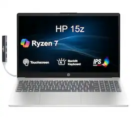HP - 15z Laptop 15.6 FHD Display (Ryzen 7 7735HS, 64GB, 2TB SSD, AMD Radeon, Backlit KB, Win 11 Pro) w/USB Hub - Silver