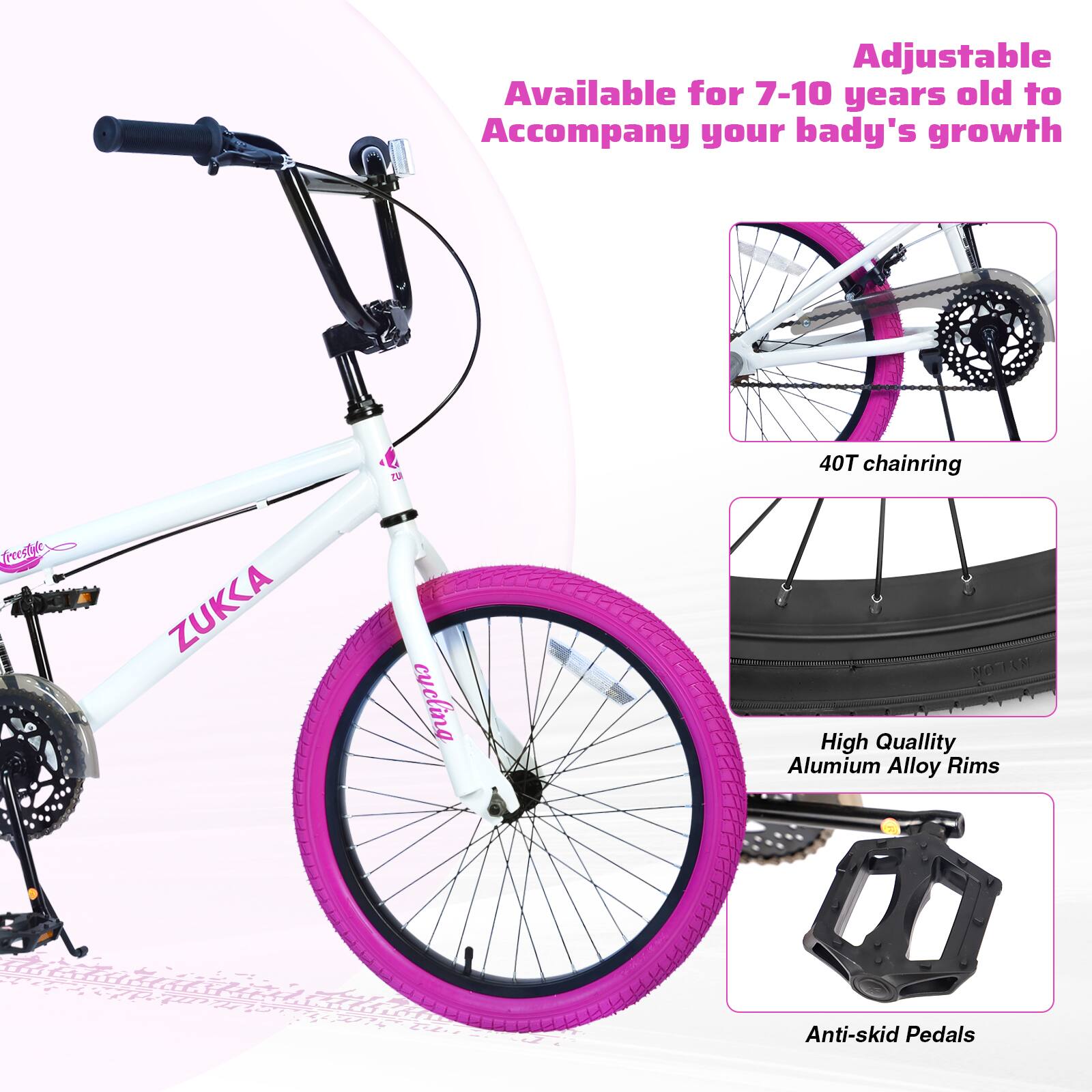 Adjustable  
Available for 7-10 years old to accompany your baby's growth  

40T chainring  

High Quality Aluminum Alloy Rims  

Anti-skid Pedals