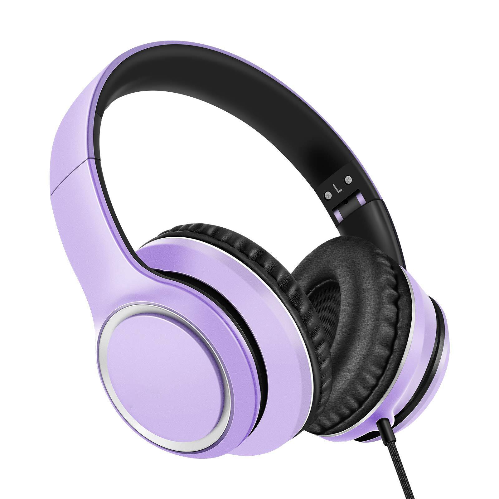 Front. GlowWise - Over-Ear Wired Headphones with Mic, Tangle-Free, Foldable, for Smartphone/Tablet/PC, Dark Purple - Dark Purple.