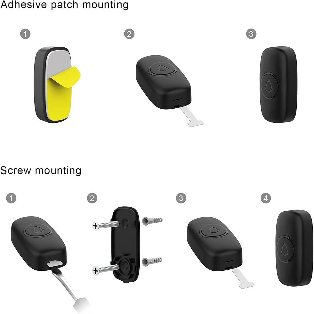 Adhesive patch mounting  
1. Peel off the adhesive patch.  
2. Attach the patch to the desired surface.  
3. Press the device firmly onto the patch.  

Screw mounting  
1. Attach the mounting bracket to the desired surface using screws.  
2. Align the device with the bracket.  
3. Secure the device to the bracket.  
4. Ensure the device is firmly attached.