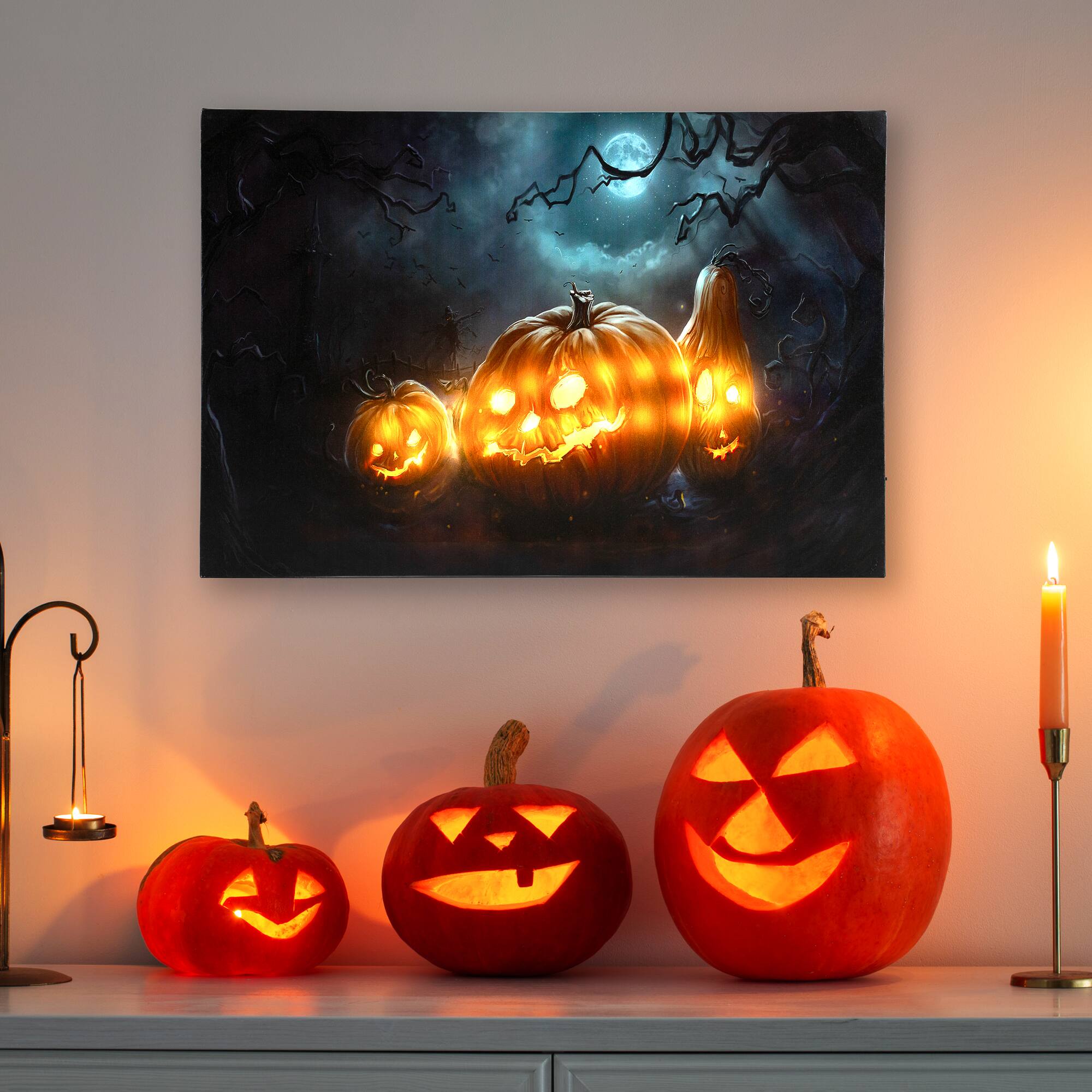Front. Northlight - LED Lighted Spooky Halloween Jack-O-Lanterns Canvas Wall Art - 23.5" x 15.75" - Orange.