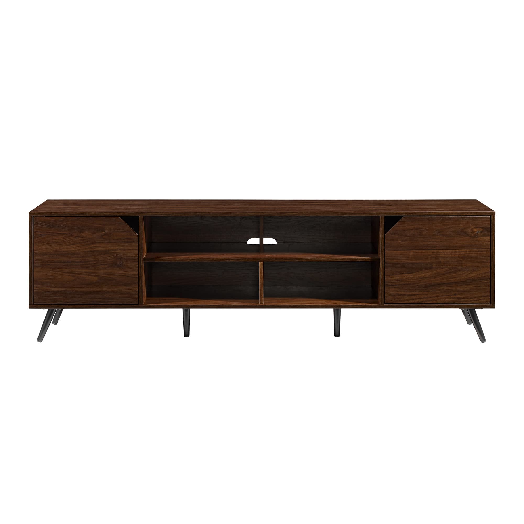 Front. Walker Edison - 70" Mid-Century Modern Simple 2-Door TV Stand for TVs up to 80" - Dark Walnut.