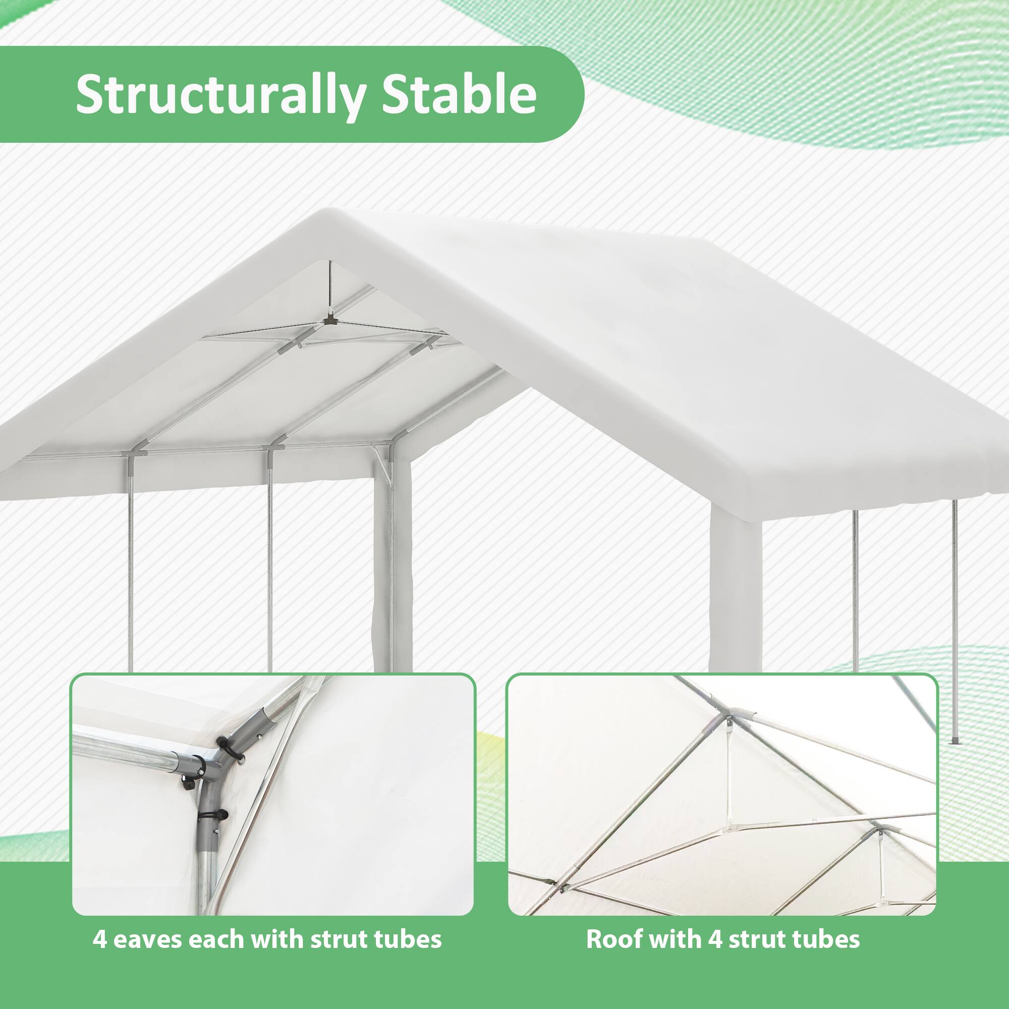 Structurally Stable

4 eaves each with strut tubes

Roof with 4 strut tubes