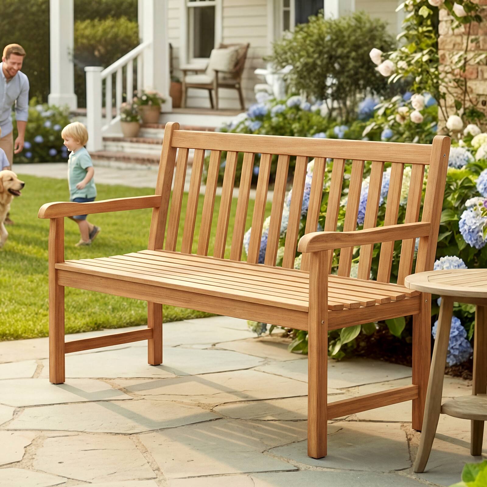 Alt View 3. Gymax - Gymax Teak Porch Bench 2-Person Solid Wood Garden Patio Bench w/ Backrest & Armrests - Yellow.