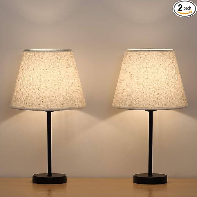 Oumilen - Small Bedside Table Lamps Set of 2 - 15 Inch Black Nightstand Lamps with Fabric Shade for Bedroom Living Room Dorm