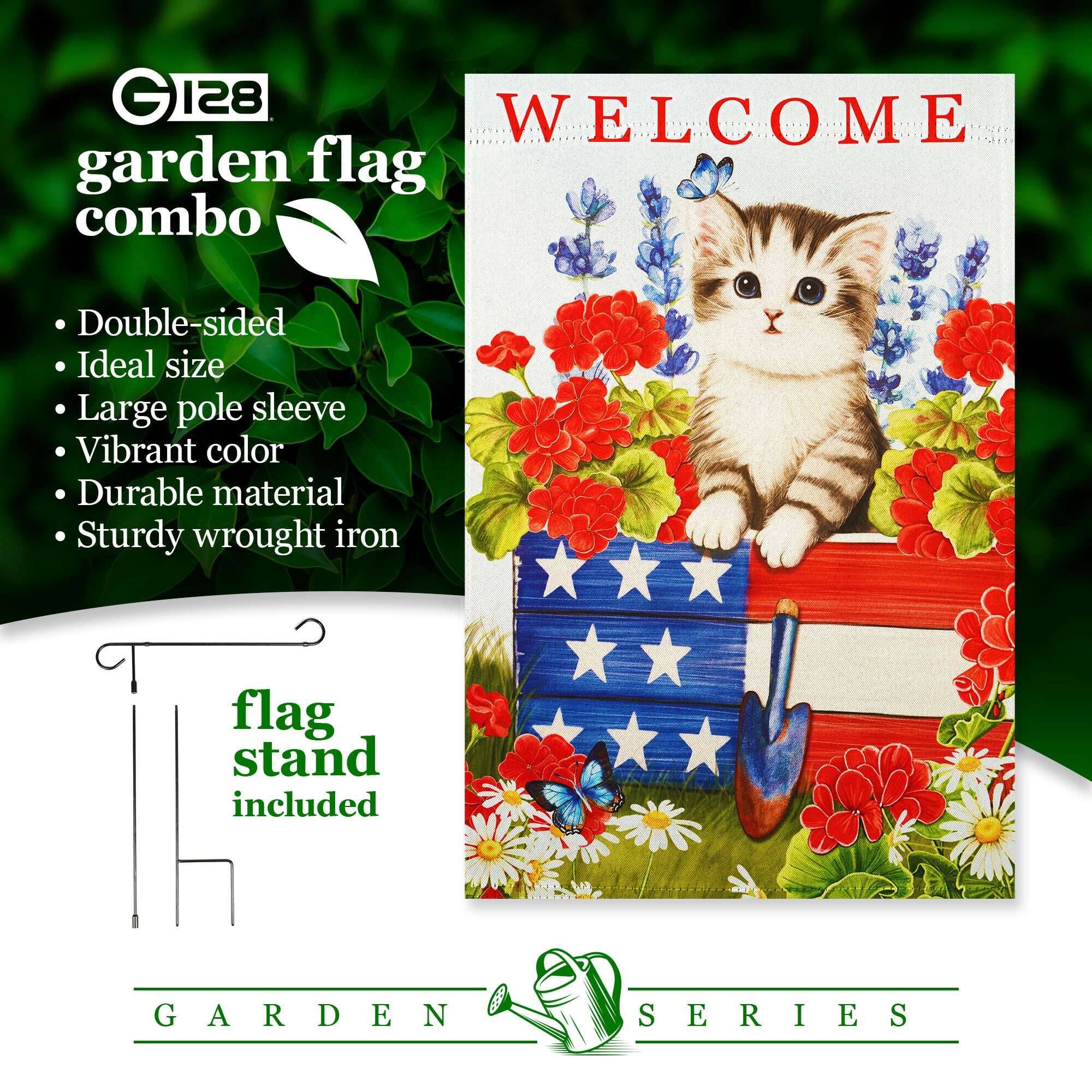 GI28 Garden Flag Combo  
Double-sided  
Ideal size  
Large pole sleeve  
Vibrant color  
Durable material  
Sturdy wrought iron flag stand included  
Garden Series