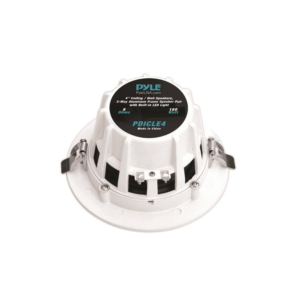 PYLE  
PyleUSA.com  

4" Ceiling / Wall Speakers, 2-Way Aluminum Frame Speaker Pair with Built-in LED Light  
8 Ohms  
160 Watt  

PDICLE4  
Made in China
