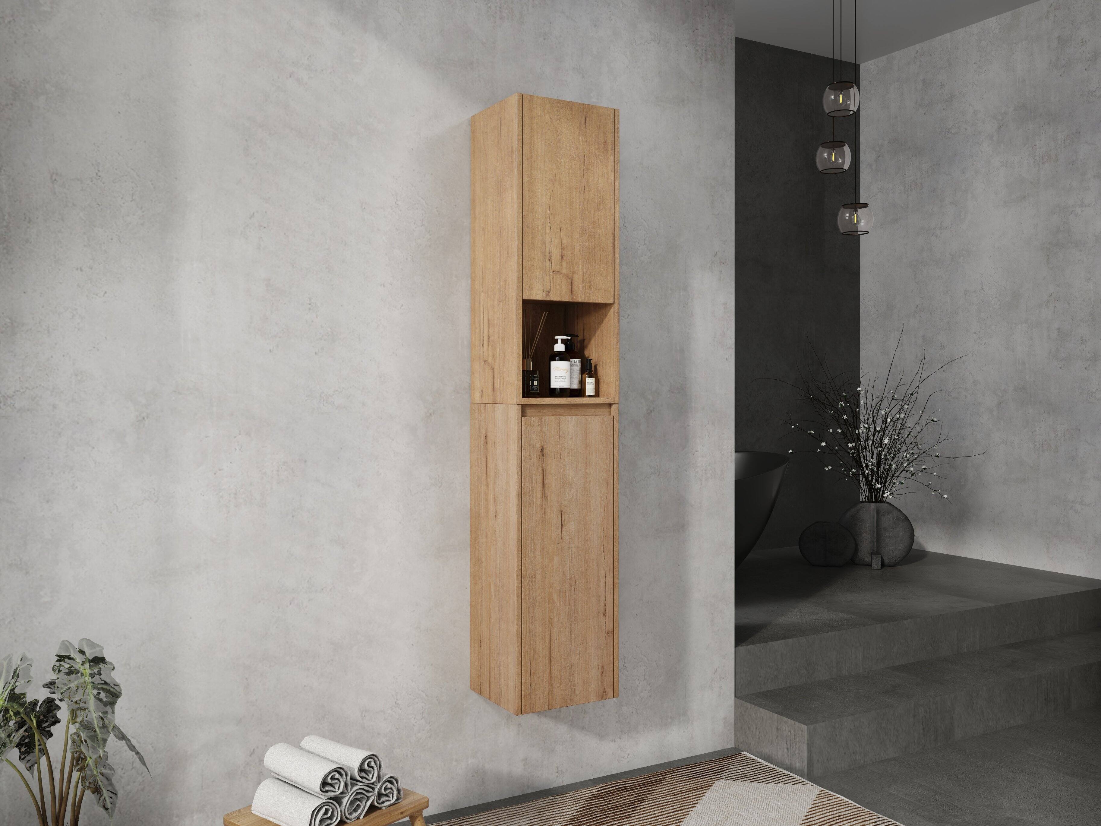 Left. TinyHomie - 12in Bathroom Side Cabinet Soft Close Doors Float Mounting Design Imitative Oak KD-Packing - Imitative Oak.