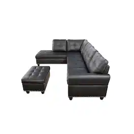 Devion Furniture - Faux Leather Sectional Sofa with Ottoman-Black - Black