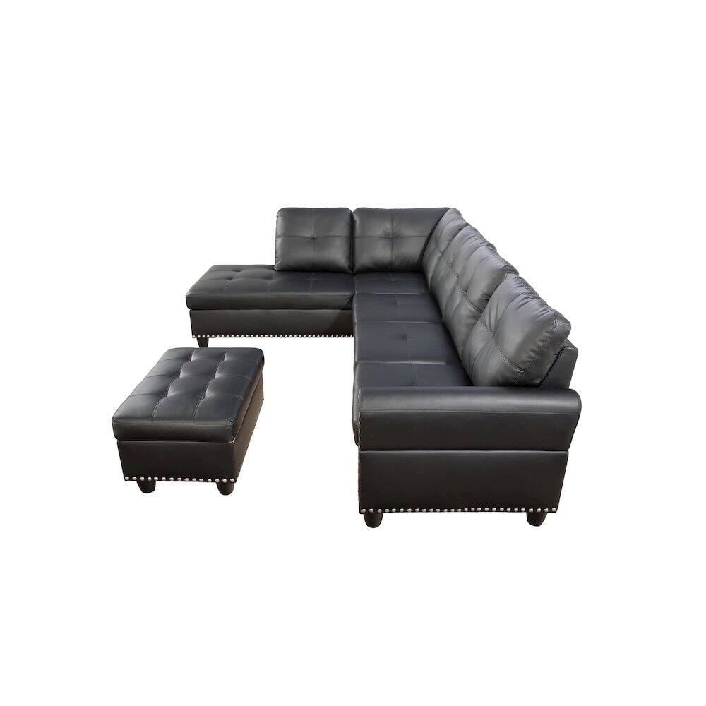 Devion Furniture - Faux Leather Sectional Sofa with Ottoman-Black - Black