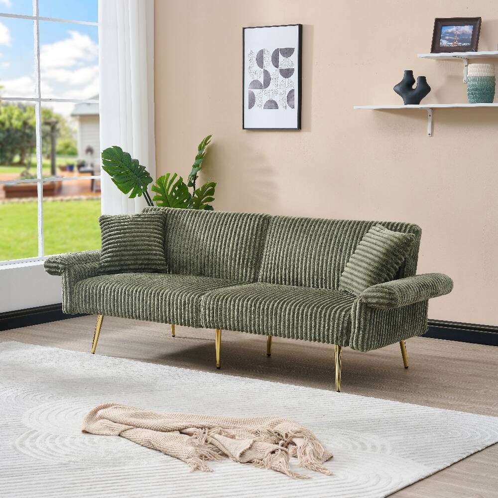 Left. Loheer - Loheer 79 Inch Corduroy Sofa Bed Foldable Double Sofa with Folding Armrests Green - Green.