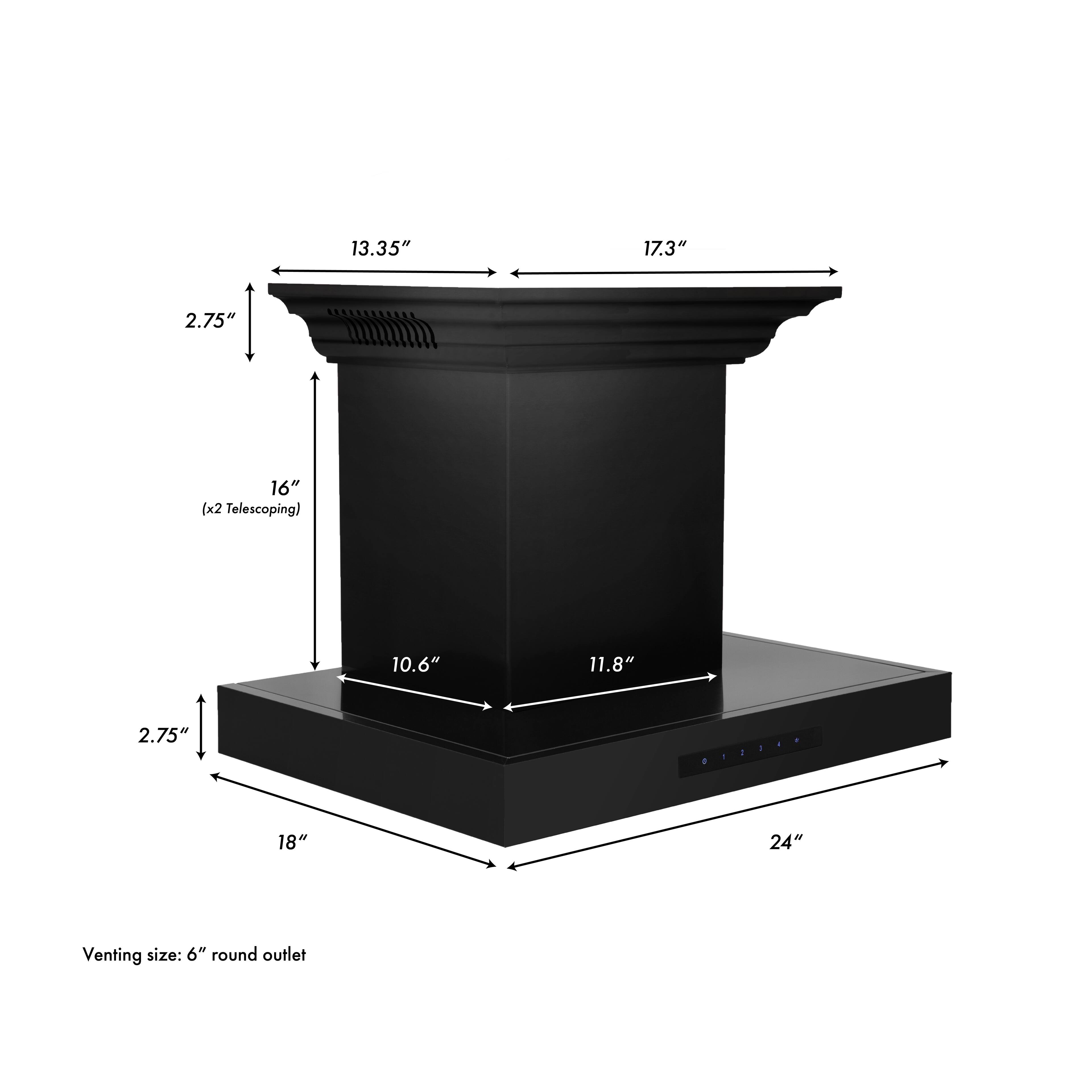 13.35" 17.3" 2.75" 16" (x2 Telescoping) 10.6" 11.8" 2.75" - 18" 24" Venting size: 6" round outlet