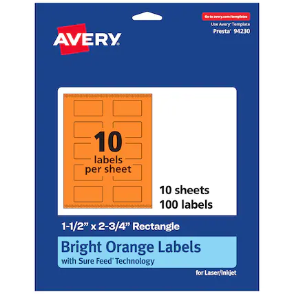 Go to avery.com/templates
Use Avery Template Presta® 94230
10 labels per sheet
10 sheets
100 labels
1-1/2" x 2-3/4" Rectangle
Bright Orange Labels with Sure Feed® Technology for Laser/Inkjet