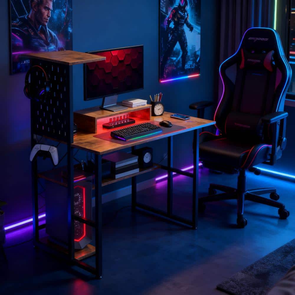 Aukfa - Computer Desk, Computer Table with Power Outlets and LED Lights,For Home and Office - Brown
