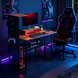 Aukfa - Computer Desk, Computer Table with Power Outlets and LED Lights,For Home and Office - Brown