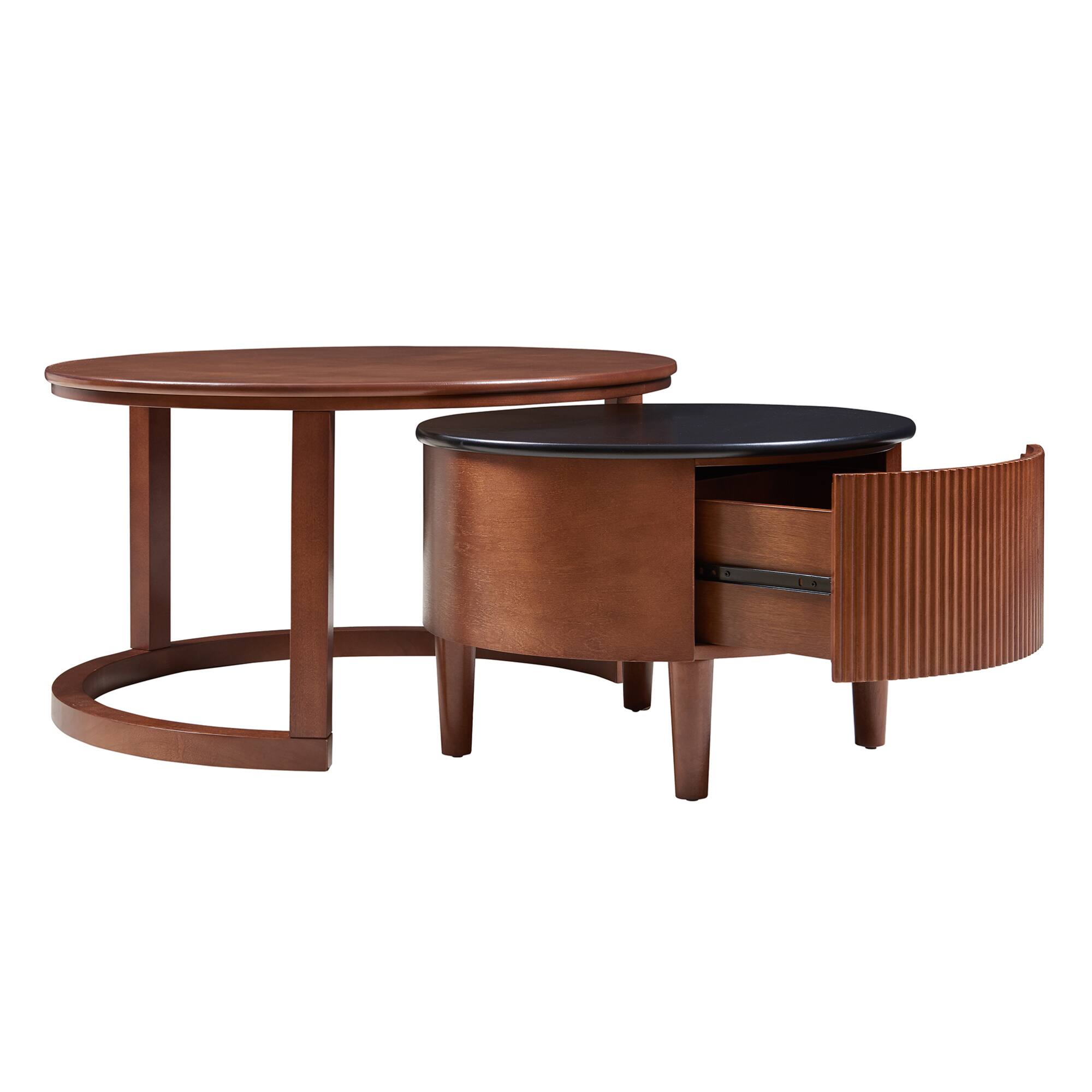 Alt View 10. GOODSILO - Vintage Round Nesting Coffee Table Set with Fluted Drawer in Two-Tone Finish - Walnut.