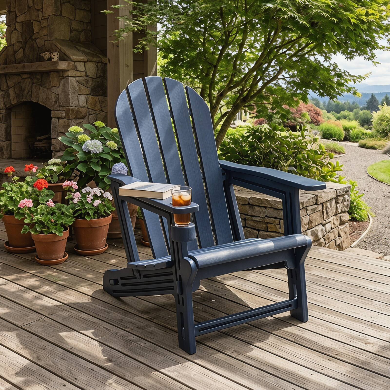 Alt View 4. Gymax - Gymax 4PCS Adirondack Chair w/ Cup Holder & Wooden Texture Outdoor Plastic Chair - Blue.