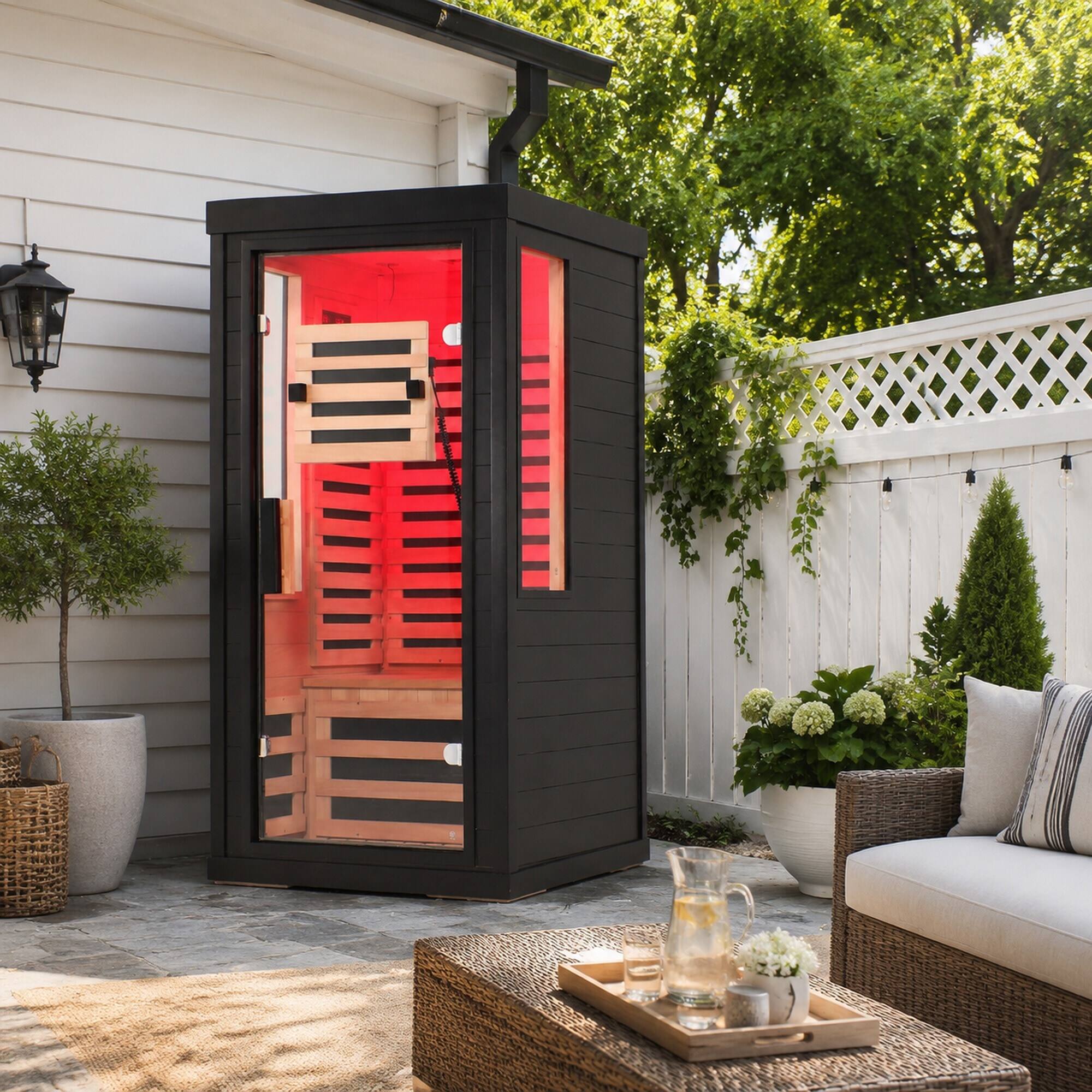 Back. RYHNUYNE - Far Infrared Sauna for One or Two People, Canadian Hemlock, Red Light Therapy, Bluetooth, 31.5 - Black.