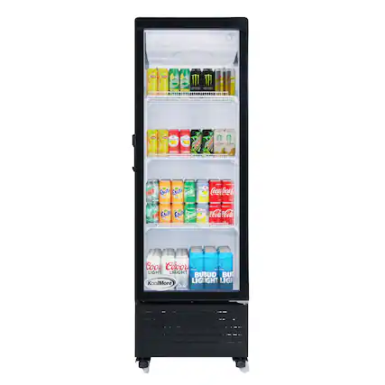 The image features a refrigerator with a variety of drinks inside. The drinks include several bottles of Coca-Cola, as well as other beverages such as Kool-Aid Light, Mountain Dew, and Sprite. The refrigerator is filled with a total of 16 drinks, offering a diverse selection for consumption.