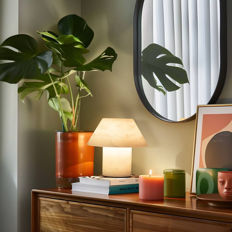 Alt View 5. Brightech - Alora LED Stone Modern Industrial Empire Bedside Nightstand Desk Lamp - Marbled Natural White Alabaster.