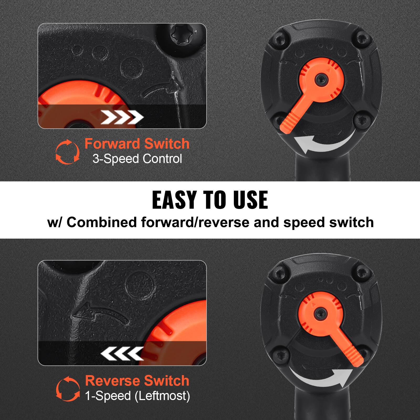 Forward Switch  
3-Speed Control  

EASY TO USE  
w/ Combined forward/reverse and speed switch  

Reverse Switch  
1-Speed (Leftmost)