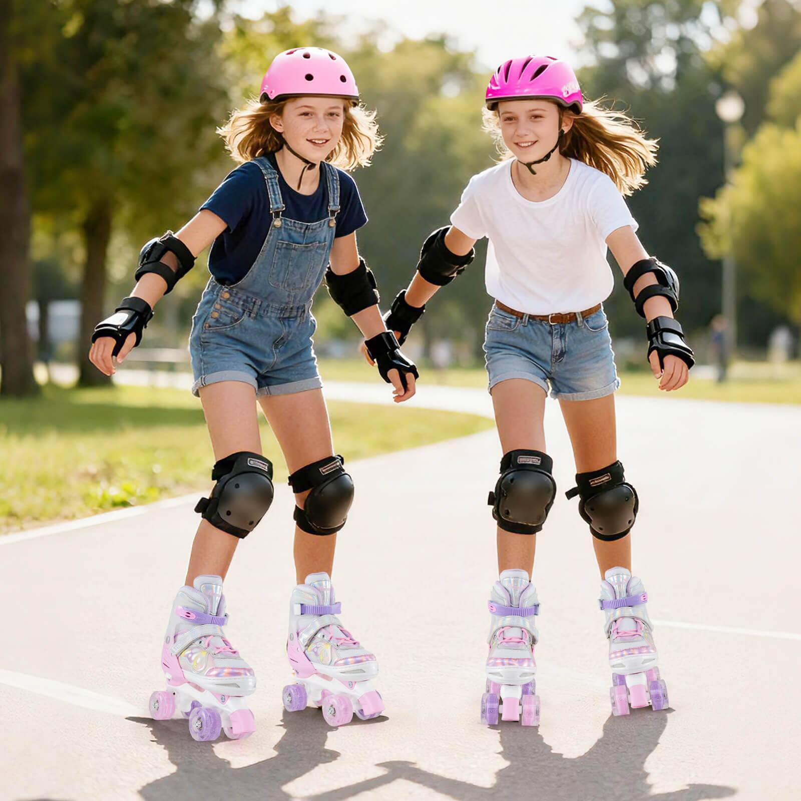 Alt View 1. Costway - Costway 4 Sizes Adjustable Quad Skates with Light-up Wheels Safety Protection for Ages 13+ - Pink.