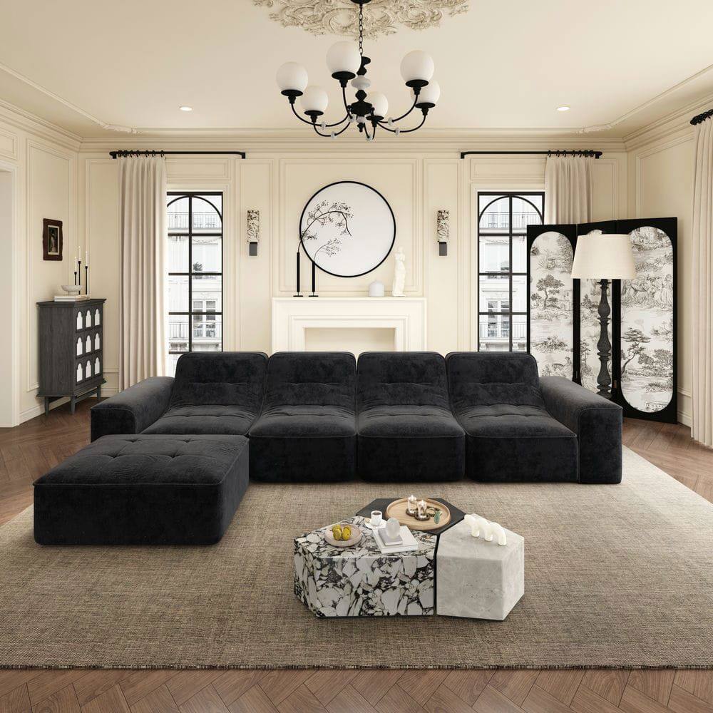 Left. Kadyn - 107" Left Chaise Sectional Sofa, L-Shaped Cloud Design with Corduroy Upholstery, Ready to Use, Grey - Black.