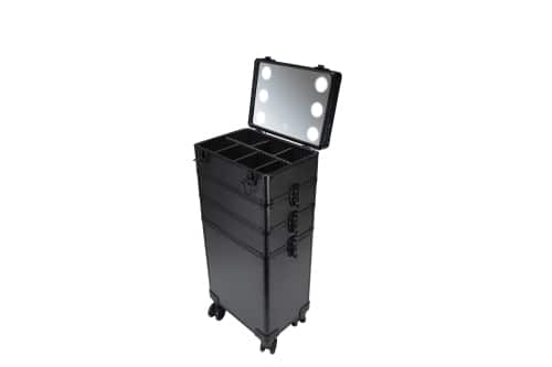 Winado - 4 in 1 Rolling Makeup Case with 3 Color LED Light Mirror with Key 360° Swivel Wheels for Beauticians Hairstylists Nail - Black