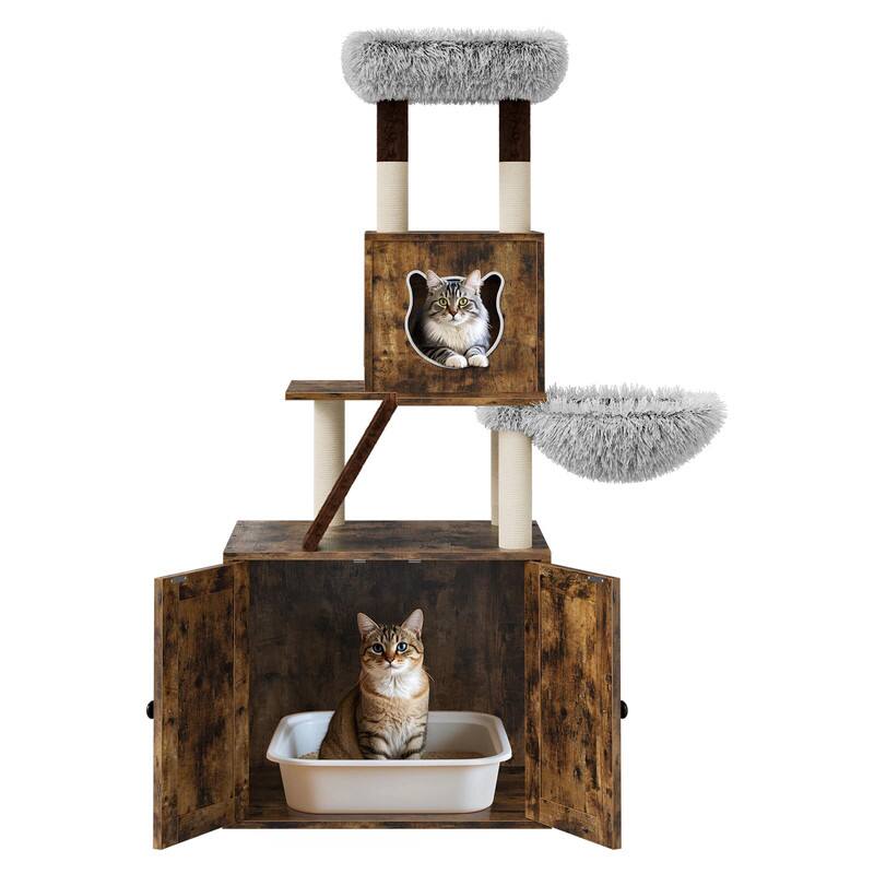 Alt View 4. GARVEE - Cat Tree with Hidden Litter Box Enclosure, 2-in-1 Cat Tower Condo with Sisal Scratching Posts - Brown.