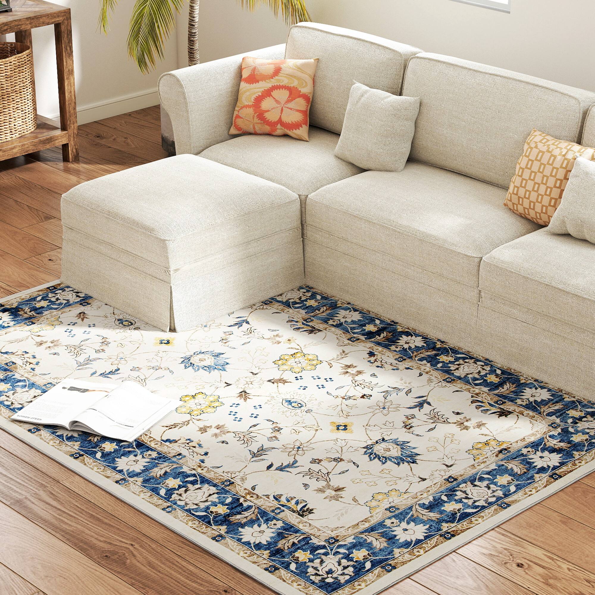 Alt View 7. Homcom - Area Rug 4x6, Machine Washable Non-Slip Boho Floral Print Floor Cover - Blue.