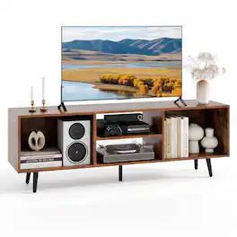 Costway - 47.5" Console Cabinet for 55-Inch TVs whth Storage Shelves Heavy-duty Metal Legs - Brown